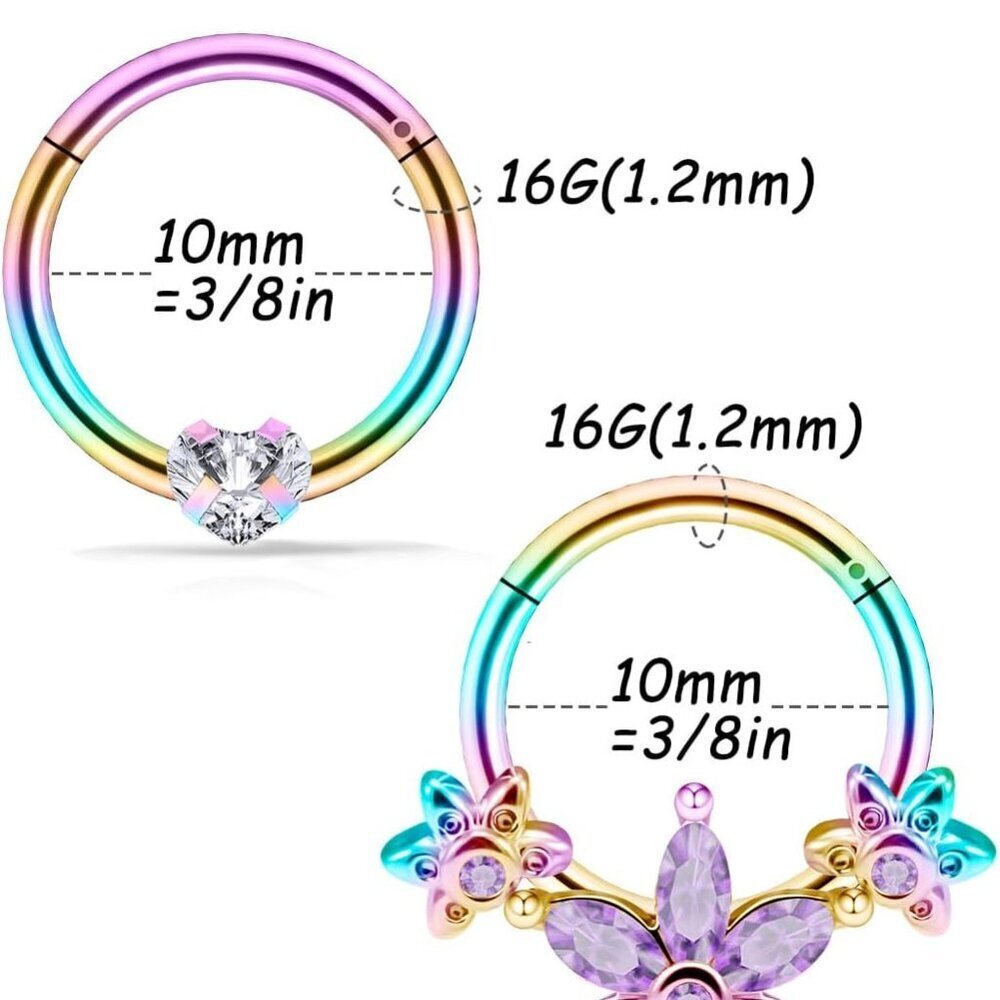 Septum Daith Earrings 16g Stainless Steel Rainbow Rose Gold Piercing Jewelry - Picture 3 of 6